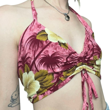 Hibiscus Collection Hawaii Tropical Floral Halter Neck Open Tie Back Cropped Top