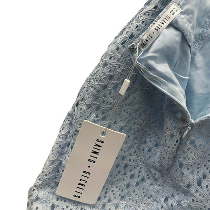 NWT Saints + Secrets Steel Blue Sheer Lace Open Back Side Slit Midi Dress