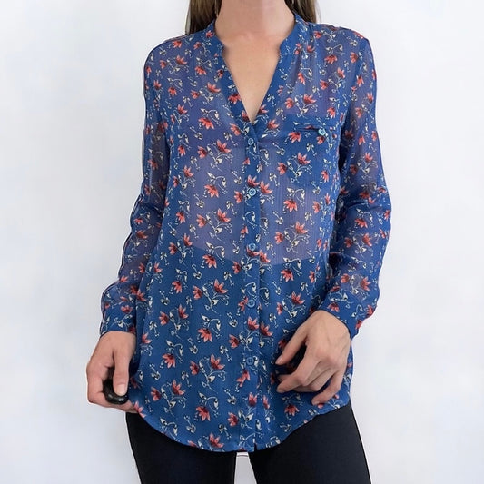 Kut From The Kloth Sheer Blue Floral Long Sleeve Button Down Blouse