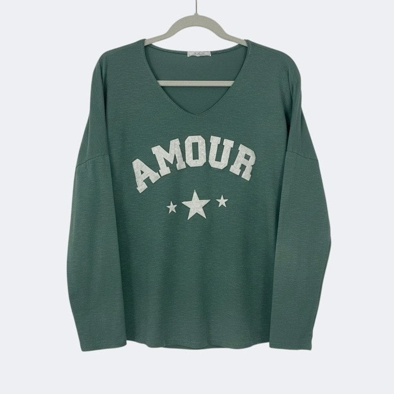 No Boundaries Green Amour 3 Star Embroidered Long Sleeve V-Neck Top