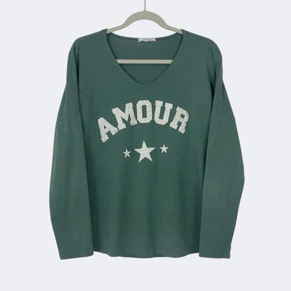 No Boundaries Green Amour 3 Star Embroidered Long Sleeve V-Neck Top
