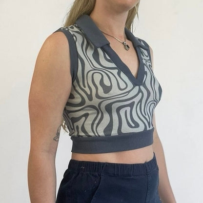 SHEIN Navy Blue Abstract Swirl Cropped V-Neck Collared Knit Top