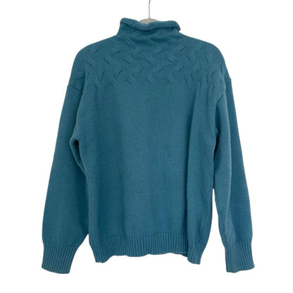 Blue Textured Cable Knit Turtleneck Sweater