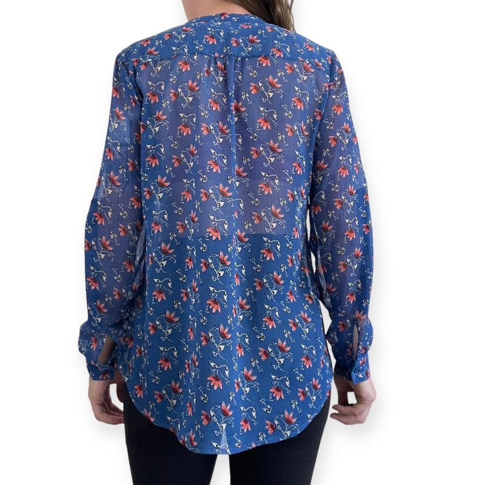 Kut From The Kloth Sheer Blue Floral Long Sleeve Button Down Blouse