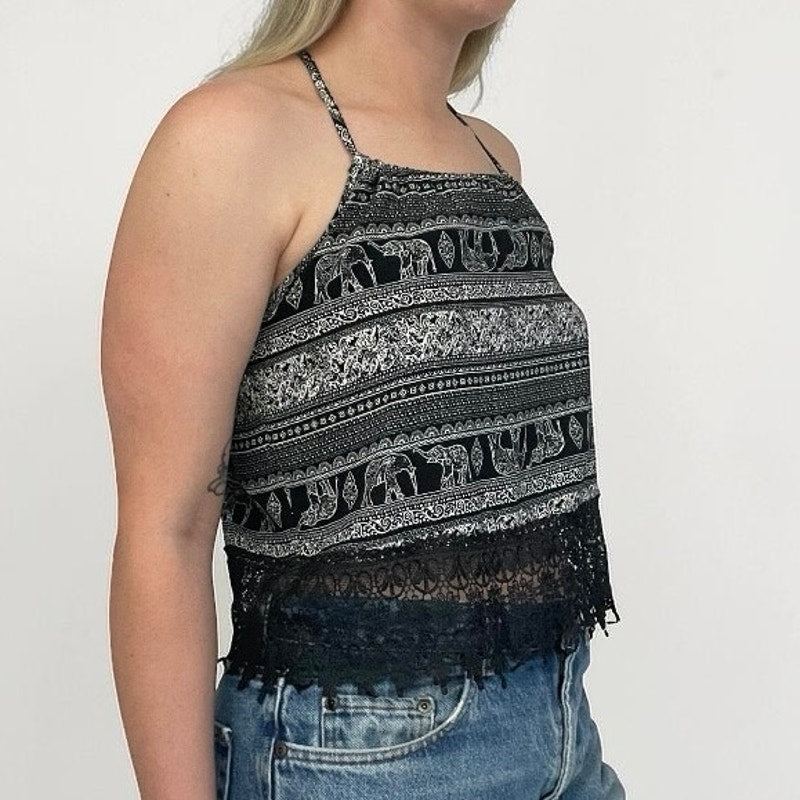 Black & White Boho Elephant Print Lace Trim Tank Top