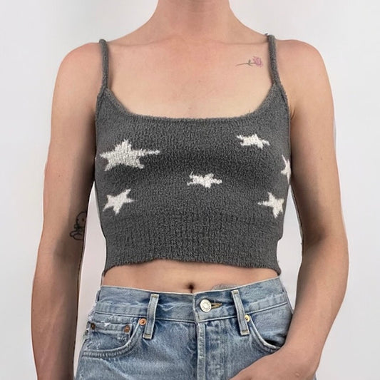 Nue Garage Soft Knit Fluffy Grey Star Cropped Tank Top