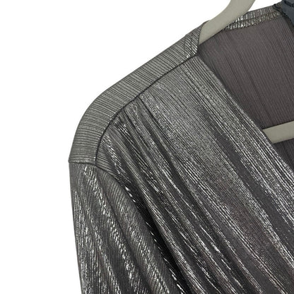 Silver Metallic Draped Long Sleeve Plunge Neck Mini Dress