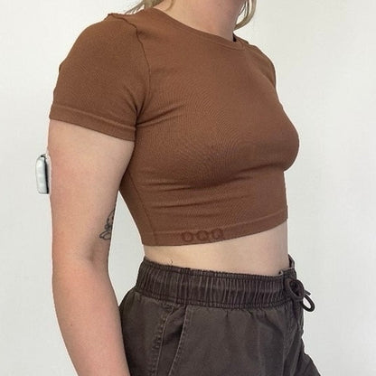 OQQ Brown Active Ribbed Cropped Top