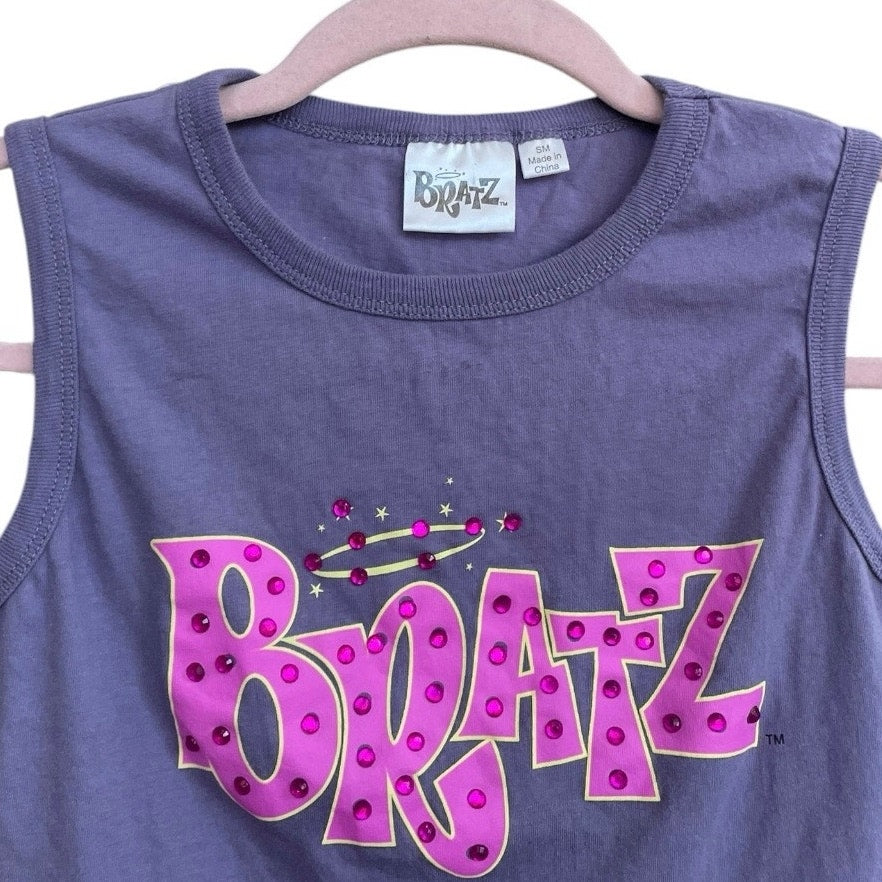 Bratz Purple Graphic Sequin Cropped Cutout Open Tie Back Tank Top