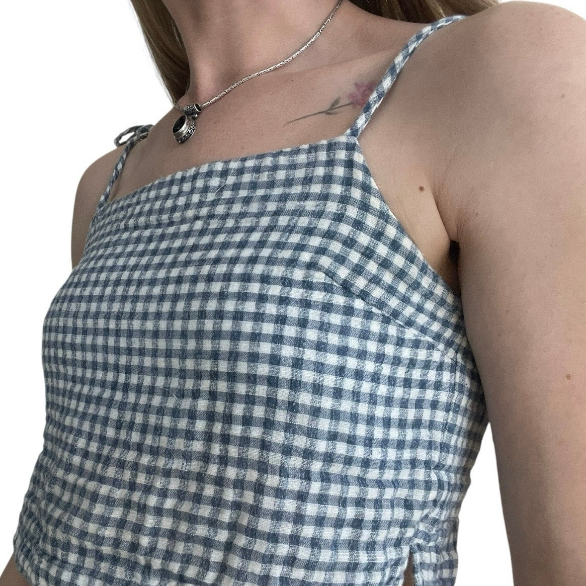 John Galt Blue & White Gingham Cropped Tank Top