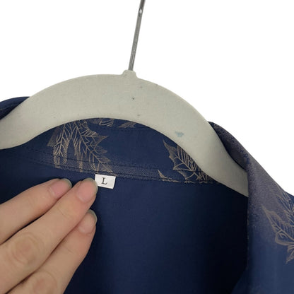 Mens Navy Blue & Gold Foil Fall Leaf Print Short Sleeve Button Down Shirt