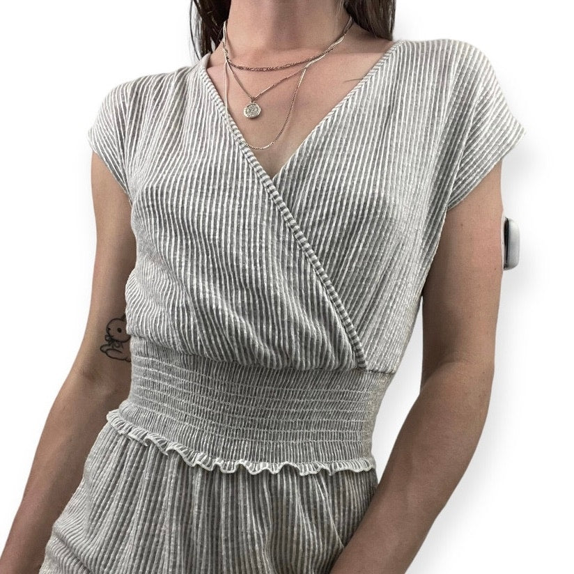 Soft Grey and White Pin Striped V-Neck Jumpsuit