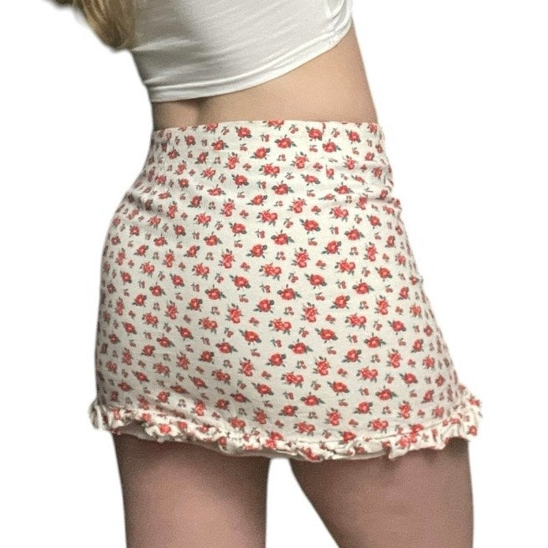 Zara Red & White Floral Ruffled Mini Skirt