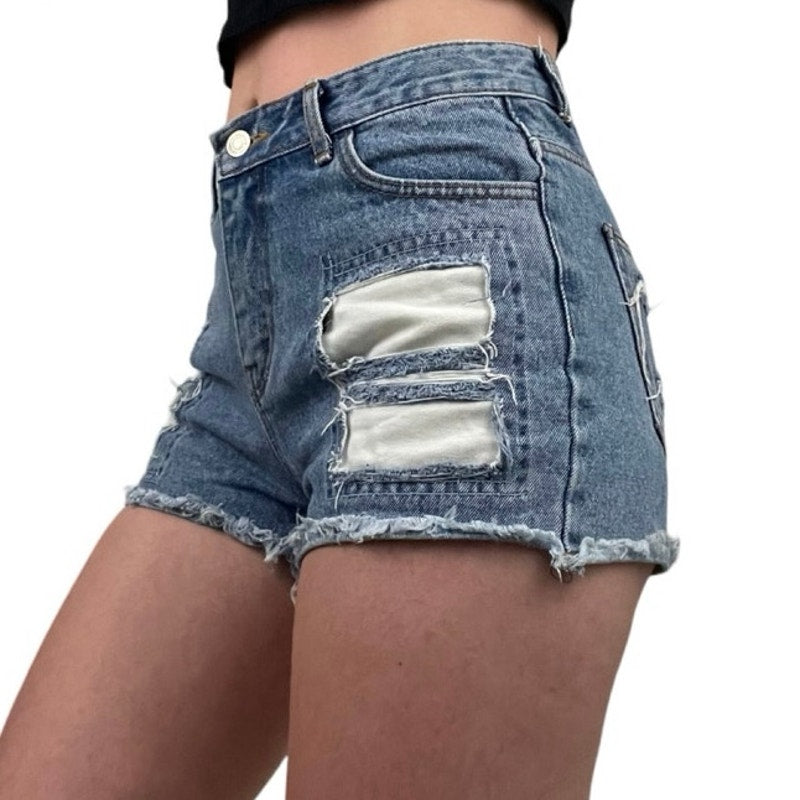 By Flow Patchwork Distressed High Rise Mini Denim Jean Shorts