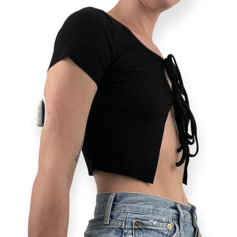 Nasty Gal Black Ribbed Cropped Lace Up Short Sleeve Top