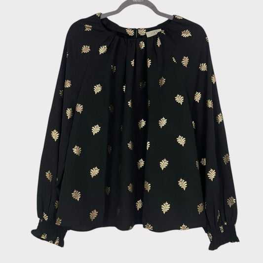 LOFT Outlet Black & Gold Metallic Leaf Long Puff Sleeve Blouse