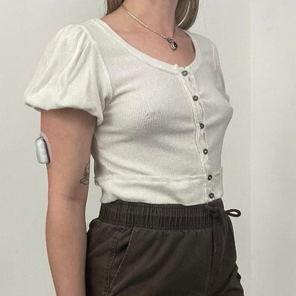 We The Free White Ribbed Button Front Puff Sleeve Cropped Top