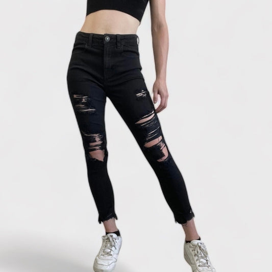 American Eagle Black Distressed Next Level Stretch Hi-Rise Jegging Crop Jeans