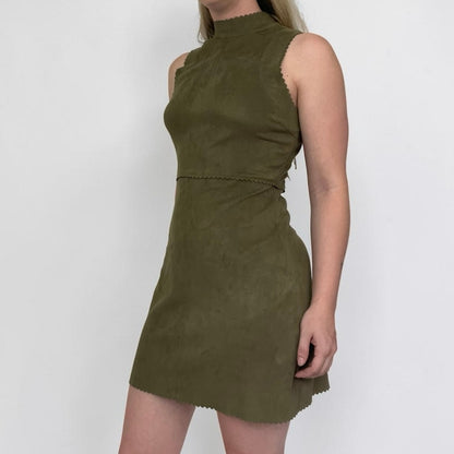 HYFVE Olive Green Faux Suede Scalloped Trim Mini Dress