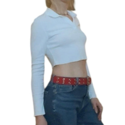 SHEIN White Ribbed Cropped Long Sleeve Collared Top