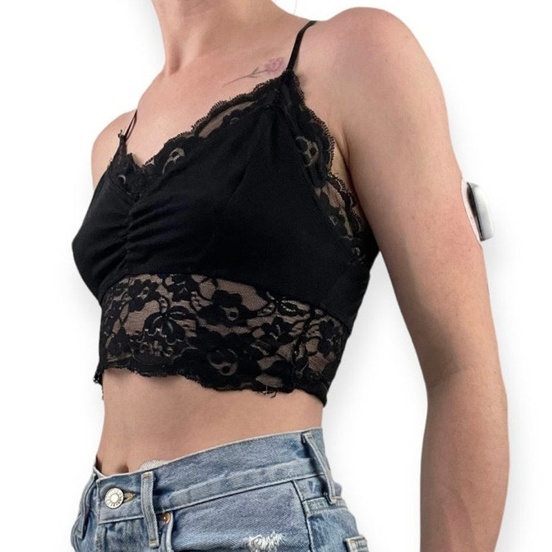 Black Lace Trim Cropped Cross Back Bralette Top