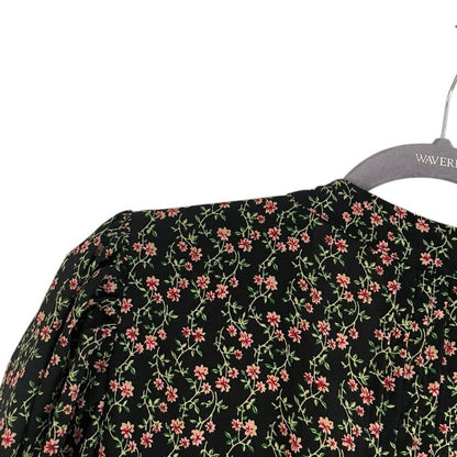 Topshop Black & Pink Floral Print Long Puff Sleeve Button Down Mini Dress