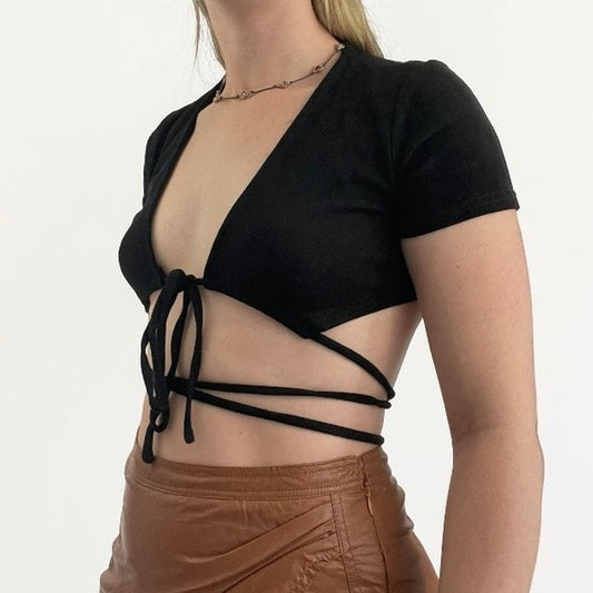 Adika Black Wraparound Tie Front Cropped Top