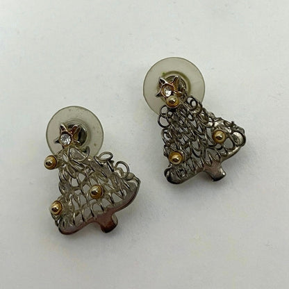 Vintage Silver Wired & Gold Beaded Rhinestone Christmas Tree Stud Earrings