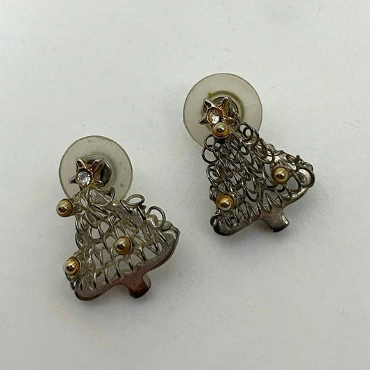 Vintage Silver Wired & Gold Beaded Rhinestone Christmas Tree Stud Earrings