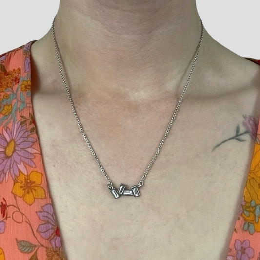 Silver Baguette Bar Rectangular Stone Geometric Chain Necklace