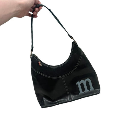 Black Vinyl Faux Leather Blue M Shoulder Bag