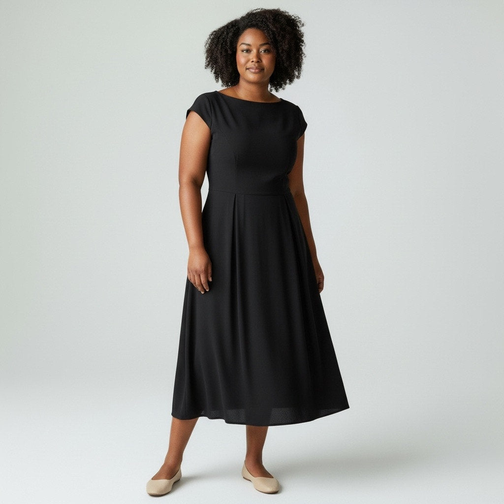 Anne Klein Black A-Line Cap Sleeve Midi Dress