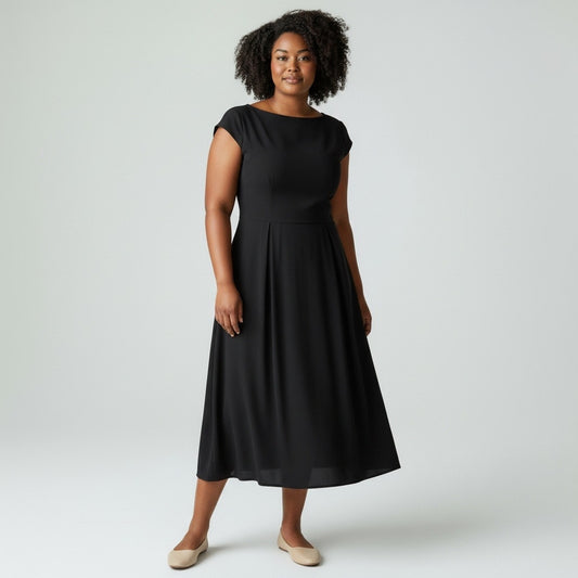 Anne Klein Black A-Line Cap Sleeve Midi Dress