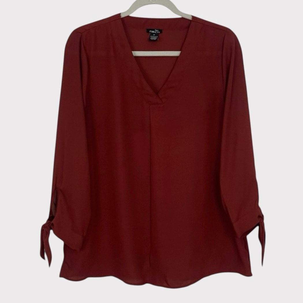 Rue 21 Burgundy Red V-Neck Long Sleeve Sheer Tie Cuff Blouse
