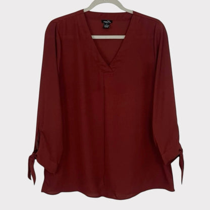 Rue 21 Burgundy Red V-Neck Long Sleeve Sheer Tie Cuff Blouse