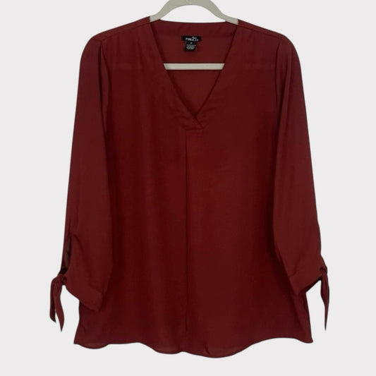 Rue 21 Burgundy Red V-Neck Long Sleeve Sheer Tie Cuff Blouse