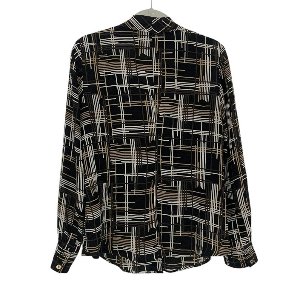 Trina Turk Black & Brown Silk Long Sleeve Button Down Tie Neck Blouse