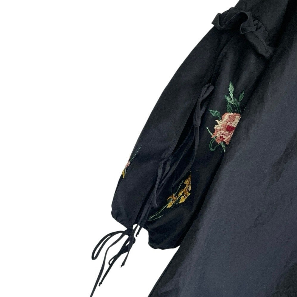 Trafaluc by Zara Black Mini Dress with Lace Up Floral Embroidered Long Sleeves