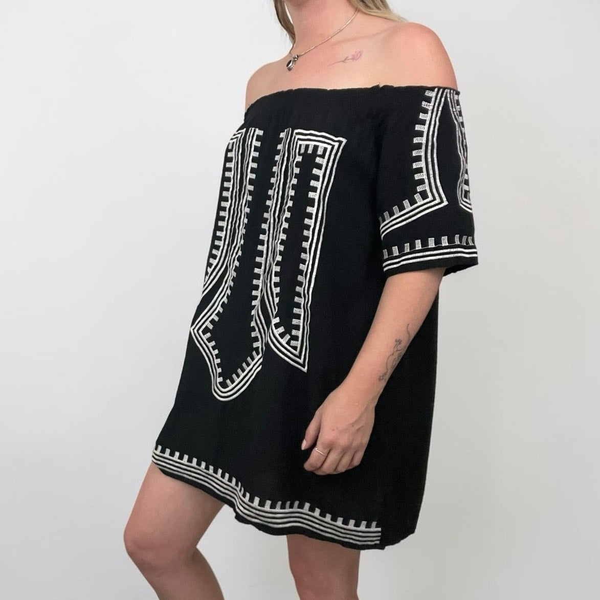 Black & White Embroidered Off the Shoulder Mini Dress
