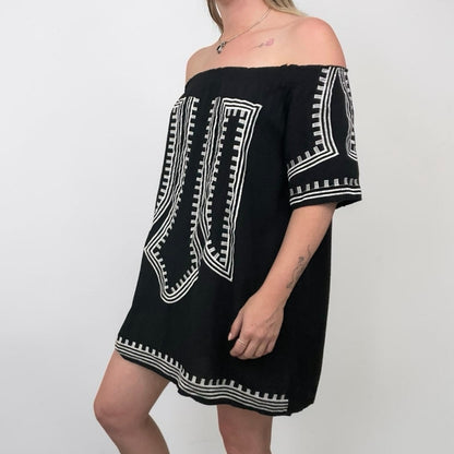 Black & White Embroidered Off the Shoulder Mini Dress