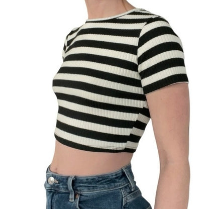 Love Culture Black & White Striped Ribbed Cropped Top