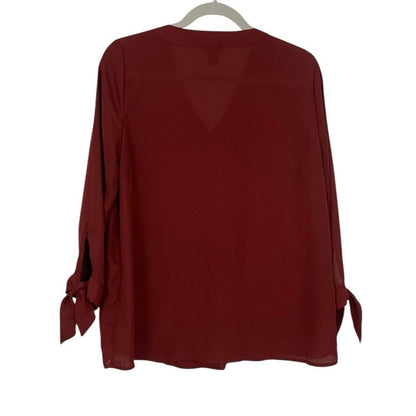 Rue 21 Burgundy Red V-Neck Long Sleeve Sheer Tie Cuff Blouse