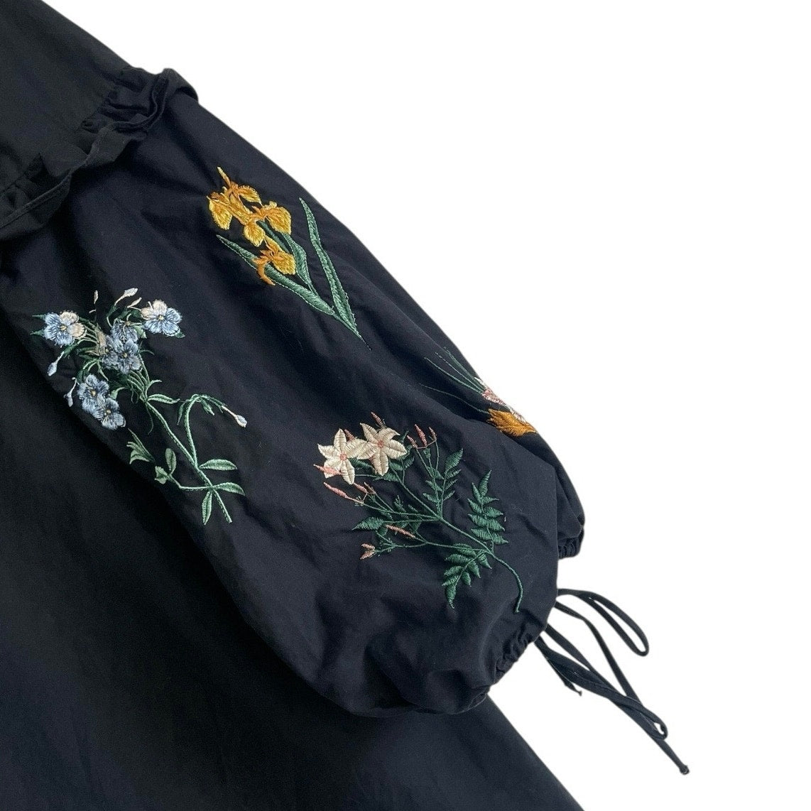 Trafaluc by Zara Black Mini Dress with Lace Up Floral Embroidered Long Sleeves