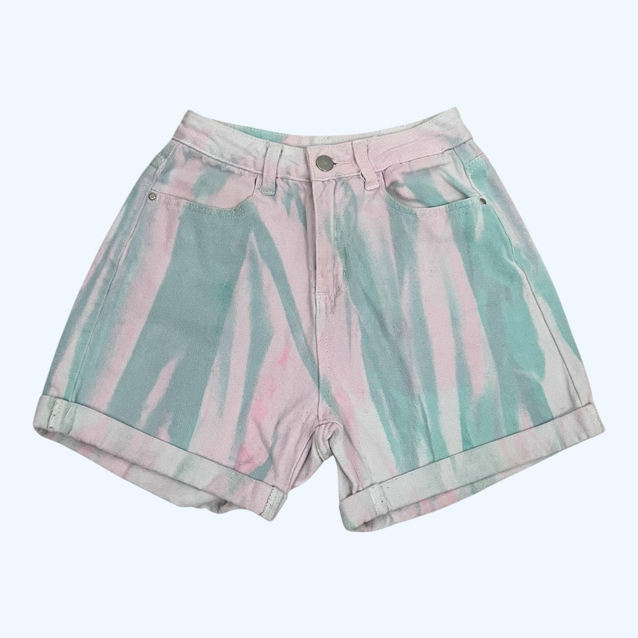 SHEIN Pink & Blue Tie Dye High Rise Denim Mini Shorts