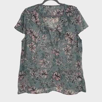 Sheer Grey & Pink Floral Ruffled V-Neck Blouse