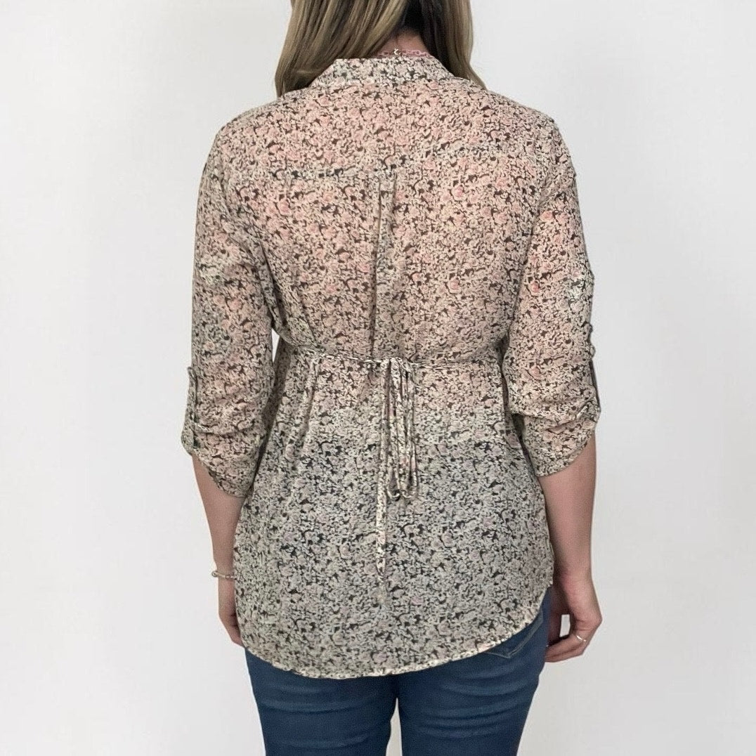 Forever 21 Sheer Floral Tie Back Button Down Blouse