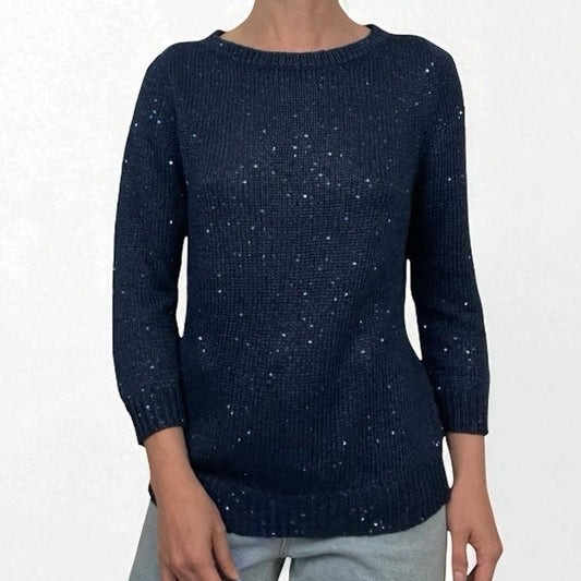 Chaps Classics Navy Blue Sequin Knit Crewneck Cropped Sleeve Sweater