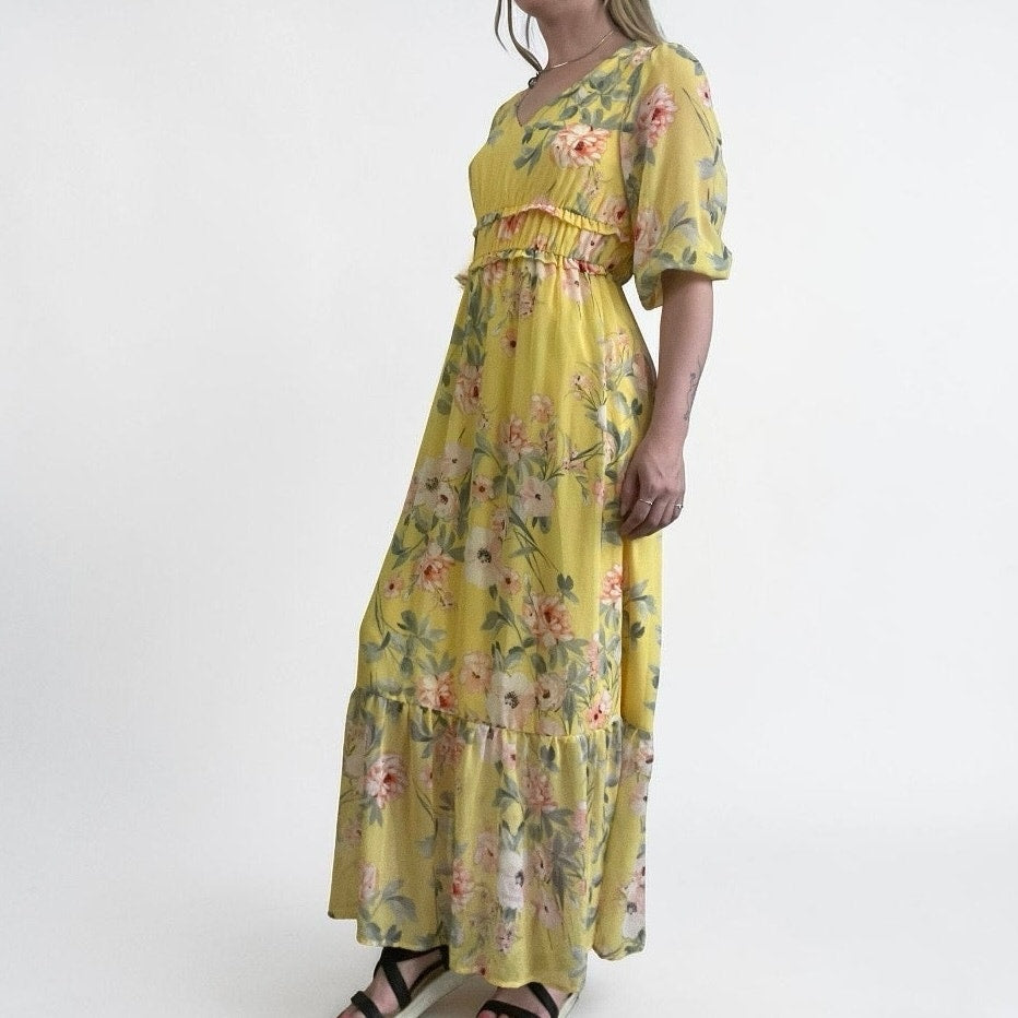 Luxology Yellow Floral Tiered Puff Half Sleeve V-Neck Maxi Dress
