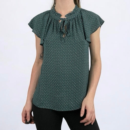 CeCe Turquoise Sheer Ruffled Short Sleeve Patterned Blouse