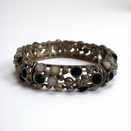 Opal & Black Gemstone Beaded Gold Stretch Bracelet